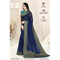 SOURBH Womens Plain Weave Chiffon Floral BorderPalav Printed Saree with Blouse Piece 25814Navy Blue Turquoise