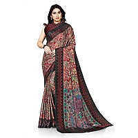 SOURBH Womens Chiffon Flower Printed Saree with Blouse Piece and Kalamkari Palav (25818-Red, Black)