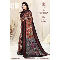 SOURBH Womens Chiffon Flower Printed Saree with Blouse Piece and Kalamkari Palav (25818-Red, Black)