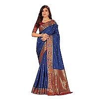 MANOHARI Womens Woven Silk Blend Saree with Blouse Piece (MN1207_Navy Blue)