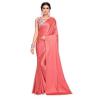 Kaugalian store Women Satin Silk Plain Saree With Digital Printed Blouse PieceUnstieched For Girls And Women PEACH