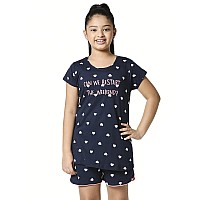 Zeyo Girls Night Suit Set Cotton Heart Print Navy Blue Night Dress 5503