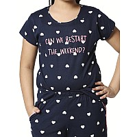 Zeyo Girls Night Suit Set Cotton Heart Print Navy Blue Night Dress 5503