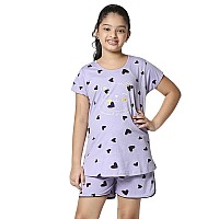 Zeyo Girls Night Suit Set Cotton Heart Print Voilet Night Dress 5502