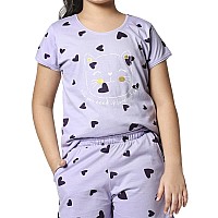 Zeyo Girls Night Suit Set Cotton Heart Print Voilet Night Dress 5502