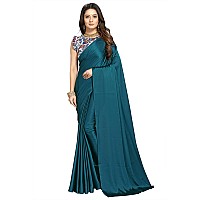 Cloud walker Womens Soft Satin Silk Saree & Digital Printed Blouse Set (5.5m Saree + 0.8m Blouse Piece) - Prussian Blue