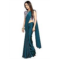 Cloud walker Womens Soft Satin Silk Saree & Digital Printed Blouse Set (5.5m Saree + 0.8m Blouse Piece) - Prussian Blue