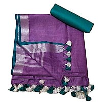 HAIDER ALI AND SONS Womens Linen Slub Saree with Contrast Blouse Piece PURPLE