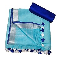 HAIDER ALI AND SONS Womens Linen Slub Saree with Contrast Blouse Piece SKY BLUE