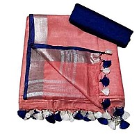 HAIDER ALI AND SONS Womens Linen Slub Saree with Contrast Blouse Piece PEACH