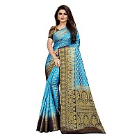 C J Enterprise Women Pure Soft Kanjivaram Silk Saree Banarasi For Wedding Latest Party Sari With Blouse Piece Kanchipuram Pattu Sarees Design Wear Cotton 2023 2024 Sadi (kismat-1 paithani) (sky blue)