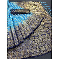 C J Enterprise Women Pure Soft Kanjivaram Silk Saree Banarasi For Wedding Latest Party Sari With Blouse Piece Kanchipuram Pattu Sarees Design Wear Cotton 2023 2024 Sadi (kismat-1 paithani) (sky blue)