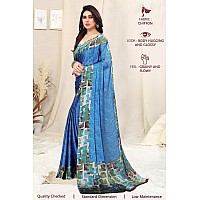 SOURBH Womens Plain Weave Chiffon Texture Border Printed Saree with Blouse Piece (29862-Turquoise, Grey)