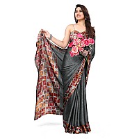 SOURBH Womens Plain Weave Chiffon Texture Border Printed Saree with Blouse Piece (29861-Grey, Red)