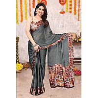 SOURBH Womens Plain Weave Chiffon Texture Border Printed Saree with Blouse Piece (29861-Grey, Red)