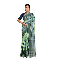 RAJ SAREE HOUSE Womens Traditional Pure Cotton Bengali Handloom Tant Saree - Without Blouse Piece (Multicolor- Light Green)