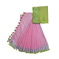 Silk Zone Womens Bhagalpuri Linen Saree With Blouse Piece (CS 66_Parrot Green Baby Pink)