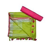 Silk Zone Womens Bhagalpuri Linen Saree With Blouse Piece CS 68Green Pink Parrot