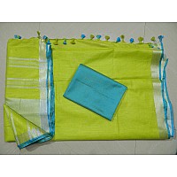 Silk Zone Womens Bhagalpuri Linen Saree With Blouse Piece CS 28Sky Blue Parrot Green