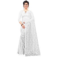 LOROFY Womens Net Saree (With Blouse_Free Size) (White)