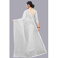 LOROFY Womens Net Saree (With Blouse_Free Size) (White)