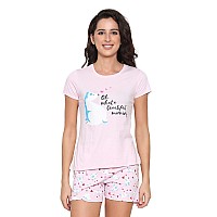 Real Basics Womens Cotton Printed Pajama Set Shorts Top Rbwshortsetlp1Pinkmorningpinklarge