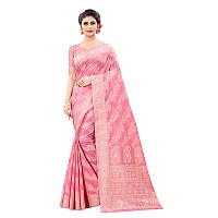 SWORNOF Womens Jacquard Linen Saree With Blouse Piece flower8888Pink