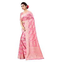 SWORNOF Womens Jacquard Linen Saree With Blouse Piece flower8888Pink