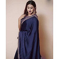 NPLASH FASHION Womens Silk Embroidery Border Saree with Heavy Work Blouse Unstitched Piece nevyblue