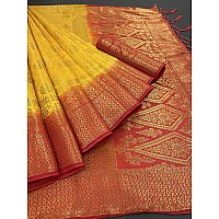 iZibra kanjivaram silk saree wedding cotton sarees for women Banarasi sadi original Kanchipuram pure sadi pattu sari with blouse piece 2023(Yellow)