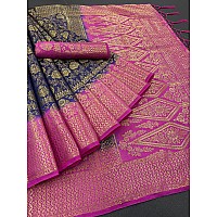 iZibra kanjivaram silk saree wedding cotton sarees for women Banarasi sadi original Kanchipuram pure sadi pattu sari with blouse piece 2023(Kismat-2 NavyBlue Pink)