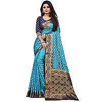 iZibra kanjivaram silk saree wedding cotton sarees for women Banarasi sadi original Kanchipuram pure sadi pattu sari with blouse piece 2023(Sky Blue Navy Blue)