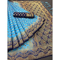 iZibra kanjivaram silk saree wedding cotton sarees for women Banarasi sadi original Kanchipuram pure sadi pattu sari with blouse piece 2023(Sky Blue Navy Blue)