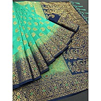 iZibra Womens Kanchipuram Pattu Sarees Kanjivaram Saree Soft Banarasi Silk Saree For Wedding With Blouse Piece (kerimeena paithani) (Green Navy Blue)