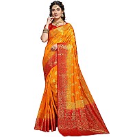 Izibra Womens Kanchipuram Silk Saree With Blouse Piece (Keri-Meena_Yellow Red)