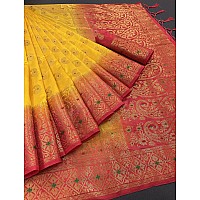 Izibra Womens Kanchipuram Silk Saree With Blouse Piece (Keri-Meena_Yellow Red)