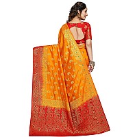 Izibra Womens Kanchipuram Silk Saree With Blouse Piece (Keri-Meena_Yellow Red)