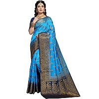 Izibra Womens Kanchipuram Silk Saree With Blouse Piece (Keri-Meena_Sky Blue Navy Blue)