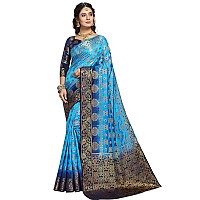 iZibra Womens Pure Kanjivaram Soft Silk Saree With Blouse Piece (L-312) (Sky Blue Navy Blue)