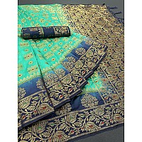 iZibra Womens Saree Kanjivaram Soft Silk Sari for Banarasi Wedding Sarees New Pure Ladies Kanchipuram Pattu Pure Sadi Paithani Original 2023 With Blouse Piece(L312 paithani) (Green Navy Blue)