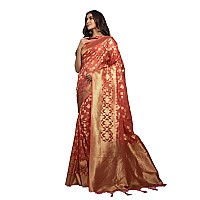 Vardha Womens Organza Art Silk Saree with Unstitched Blouse Piece - Zari Woven Work Sarees for Wedding (Kalini Silk, 435, Peach)