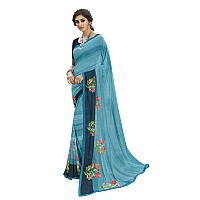 RAJESHWAR FASHION WITH RF Womens Georgette Printed Sarees For Women With Lace Border & Blouse(A48 Blue flower_Multicolored_Free Size 6.30 Mtr)