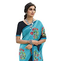 RAJESHWAR FASHION WITH RF Womens Georgette Printed Sarees For Women With Lace Border & Blouse(A48 Blue flower_Multicolored_Free Size 6.30 Mtr)