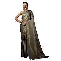 Vardha Womens Kanchipuram Art Silk Saree with Unstitched Blouse Piece - Zari Woven Work Sarees for Wedding (Asya Silk, 396, Grey)