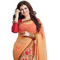 SM TRENDZ Womens Geometric Print Georgette Saree With Blouse Piece (Orange Flower 11_Orange)