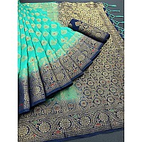 iZibra Womens Kanchipuram Pattu Sarees Pure Kanjivaram Saree Soft Banarasi Silk Saree For Wedding With Blouse Piece (flower-tree paithani) (Green Navy Blue)