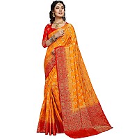 iZibra Kanjivaram Silk Saree Wedding For Women Banarasi Sadi Original Kanchipuram Pure Pattu Sari With Blouse Piece 2023(flowertree)(Yellow Red)