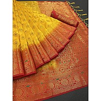 iZibra Kanjivaram Silk Saree Wedding For Women Banarasi Sadi Original Kanchipuram Pure Pattu Sari With Blouse Piece 2023(flowertree)(Yellow Red)