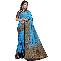 iZibra Womens Saree Kanjivaram Soft Silk Sari for Banarasi Wedding Sarees New Pure Ladies Kanchipuram Pattu Pure Sadi Paithani Original 2023 With Blouse Piece(flowertree)(SkyBlue NavyBlue)