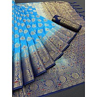 iZibra Womens Saree Kanjivaram Soft Silk Sari for Banarasi Wedding Sarees New Pure Ladies Kanchipuram Pattu Pure Sadi Paithani Original 2023 With Blouse Piece(flowertree)(SkyBlue NavyBlue)